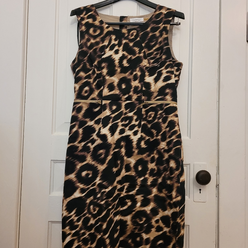Calvin Klein Leopard Print Dress with Gold Zippers.  Size 10.